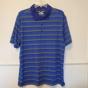 Under Armour Golf Shirt Visalia Cup Logo Loose Striped Blue Yellow Men's Size L